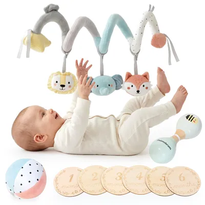 Produktbild von Mamabrum sensorisches Spielzeugset für Babys ab 0 Monaten mit Anhänger, Holzrassel, Stoffball sowie 6 Scheiben mit Monatsangaben aus Stoff und Holz