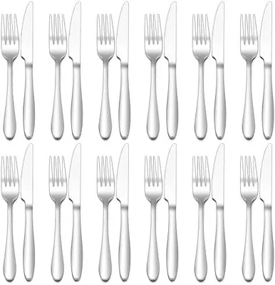 Produktbild von Gabel und Messer Set, 24 Stück Edelstahl Steakbesteck für 12 Personen, Hochglanzpoliert Besteck Set für Haus/Restaurant, 12 Tafelmesser (23cm) + 12 Tafelgabeln (20cm) - Spülmaschinenfest