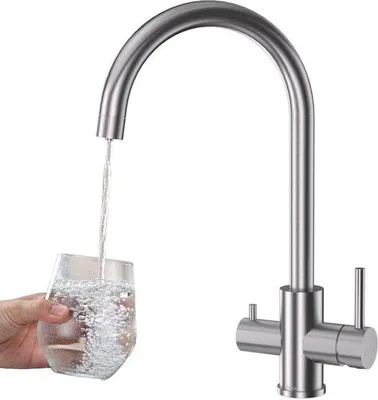Produktbild von 3-Wege-Küchenarmatur, Trinkwasserhahn mit 2 Griffen, 360° drehbar, silber gebürstet