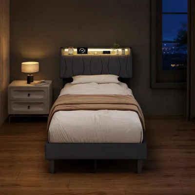 Zdjęcie produktu dla Łóżko ProximaX, 90x200 cm, z portami USB i typu C, łóżko młodzieżowe, jednoosobowe, drewniane, z podświetleniem LED i stelażem, tkanina lniana, kolor szary