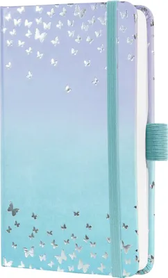 A close-up, front-facing view of a small notebook with a butterfly design.