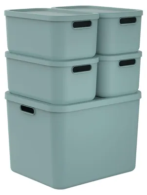 Produktbild von Rotho Aufbewahrungsboxen Set 5tlg. ALBULA light – Kunststoffbox mit Deckel – stapelbar & sicher – 48,9x40,7x71,4 cm – Plastikboxen für Aufbewahrung