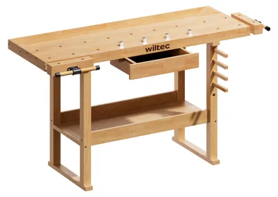 Werkbank 151x61,5x86 cm Holz mit Schublade und Schraubstöcken