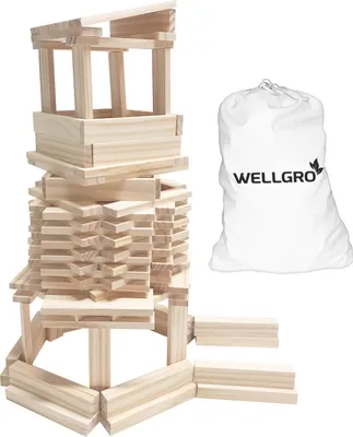 Produktbild von 350 Stück WELLGRO Natur Holzbausteine - Holzsteine zum Bauen - naturfarbene Bauklötze inkl. Aufbewahrungsbeutel