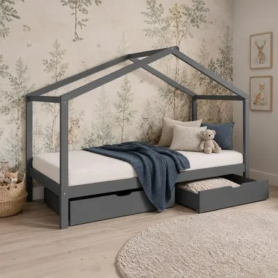 Produktbild von Homestyle4u Kinderbett 90x200 Hausbett Kinderhaus Holzbett Grau Bettkasten mit Stauraum mit Lattenrost