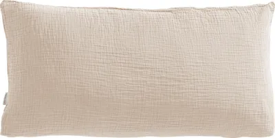 A plain beige pillowcase made of muslin fabric is shown against a white background.