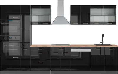 Produktbild von Küchenzeile Vicco R-Line Schwarz Hochglanz/Anthrazit 350 cm mit Hochschrank, AP Eiche, Model 49830