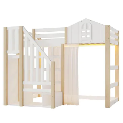 Produktbild von Merax Etagenbett Hochbett 90x200 cm, Kinderbett, Schloss-Design mit LED, Gaze, Geländer, Lagertreppe, Jugendbett, Stockbett, Kiefern, Weiß+Natur