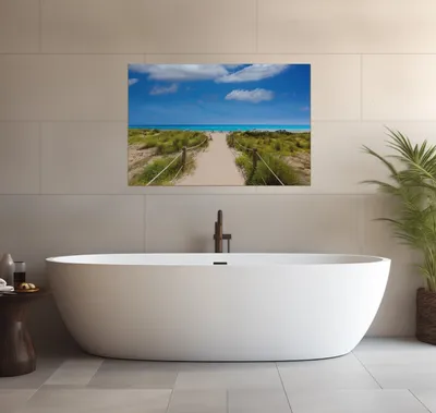 Produktbild von Wallario wasserfestes Poster selbstklebend 91,50 x 61 cm, Sandweg zum blauen Meer mit blauem Himmel, Badezimmerposter Spritzschutz mit Hochglanzoberfläche in Glasoptik