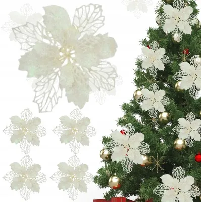 Produktbild von Weihnachtsstern Christbaumschmuck - 6er Set - Glitzer Blumen Deko - Creme