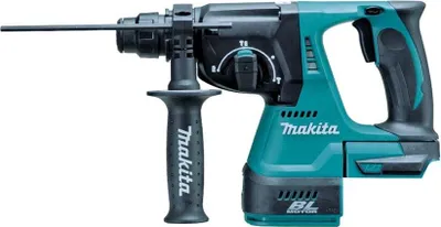 A teal and black Makita rotary hammer drill is shown against a white background.