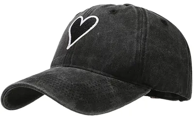 Immagine prodotto di Cappello da baseball unisex, taglia unica, con visiera regolabile, effetto "distressed" (consumato), colore nero, con motivo a cuore, realizzato in cotone