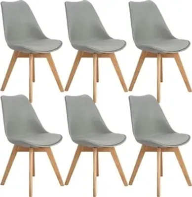 Image de HJ_WeDoo Ensemble de salle à manger Table de salle à manger moderne en finition chêne, pieds blancs avec 6 chaises grises en hêtre massif inclus, pour la salle à manger