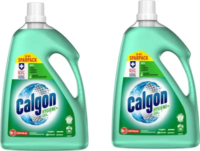 Two bottles of Calgon Hygiene+ Gel laundry additive are shown side-by-side against a white background.