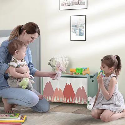 Produktbild von ZONEKIZ Spielzeugkiste mit Deckel, Spielzeugtruhe mit niedlichem Tierdesign, Aufbewahrungsbox mit Deckel-Sicherheitsscharnier, Griff, für Kinderzimmer, Schlafzimmer, Grün