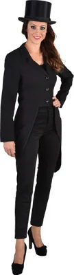 A woman wearing a black tailcoat and top hat, posing for a product image.