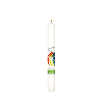 Produktbild von Taufkerze 400 x Ø 35 mm in Weiß Regenbogen-Wolke-Taube und Abschlussband und Namensverzierung