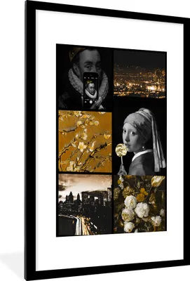 Produktbild von MuchoWow® Gerahmtes Poster Collage - Kunst - Gold - Schwarz 60x90 cm - Poster mit Schwarzem Bilderrahmen Wandposter Rahmen Foto Bilder - Dekoration - Wandposter Wohnzimmer - Hochwertig