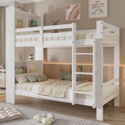 Produktbild von Etagenbett mit Regalen und dreistufiger, rechtwinkliger Leiter, Stauraum-Holzbett, Bettrahmen aus Massivholz, Weiß, 90x200 cm