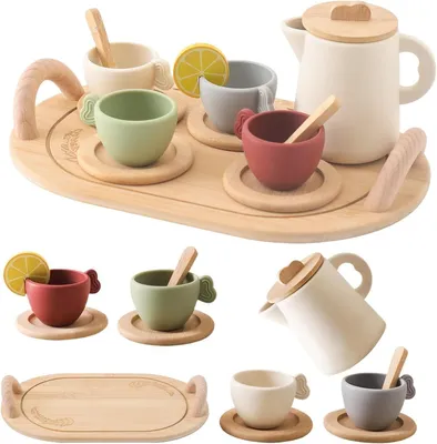 Produktbild von Götäzer Holz Tee-Party-Set für Kinder, 13-teilig, 4 Farben, Morandi-Farbpalette, geschirrspülmaschinenfest, Tablett 10,4x6,8 cm