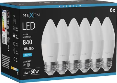 Obrázok produktu pre Mexen Nova 6x LED žiarovka E27, C37, 8 W, studená - 6500 K, 840 lm - L102-E27-0865-01x06