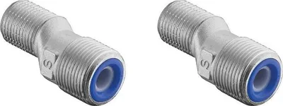 Two silver coaxial cable connectors with blue rings are shown against a white background.
