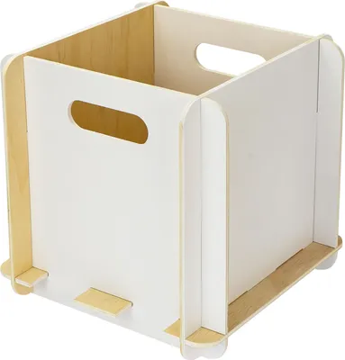 A white wooden storage box with cut-out handles.