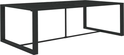 A dark grey rectangular outdoor dining table with a slatted top and a minimalist metal frame, shown against a white background.