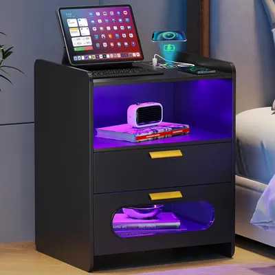 Nachttisch mit RGB-Licht, 3-in-1-Ladestation, 2 Schubladen, schwarz