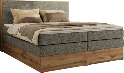 Produktbild von MKS MEBLE Boxspringbett WOOD CLASSIC KING, Doppelbett mit zwei Multipocket-Matratze und Topper T25, hohe Kopfteil, Stauraum - 180 x 200 cm - H3 - Grau Struktur