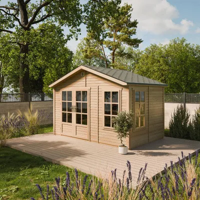 Image de TIMBELA M734A Abri de Jardin en Bois 370 x 240 cm, Cabanon Extérieur avec 2 Fenêtres en Verre Trempé, Portes Doubles Vitrées, Bardeaux Bitumés, Grande Cabane sans Plancher