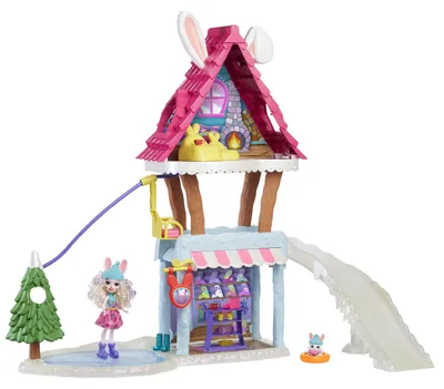 Produktbild von Enchantimals Hasen-Skihütte (ca. 63 cm) mit Bevy Bunny-Puppe (ca. 15 cm) und Tierfreundin Jump