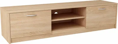 A light brown wooden TV stand with two doors and two open shelves in the middle.
