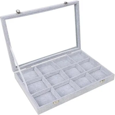 Immagine prodotto di Scatola portagioie Unyqoos® grigia, con rivestimento interno in velluto, coperchio in vetro, 12 scomparti regolabili e chiusura a scatto argentata – contenitore in legno impilabile per la conservazione a prova di polvere