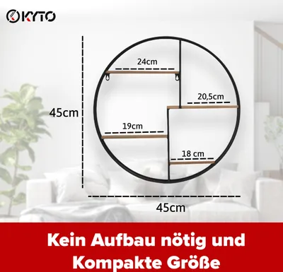 Produktbild von Kyto Wandregal rund | 45 cm x 45 cm | robustes deko Regal aus Metall und vier Holz Ebenen