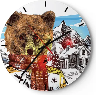 Produktbild von Wanduhr - Rund - Glasuhr - Bär Berge Kinder Winter - 30x30cm - Schleichendes Uhrwerk - Lautlos - zum Aufhängen bereit - Dekoration Modern - Wanddekoration aus Glas - C3AR30x30-3205