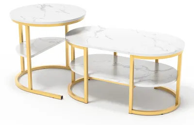 Produktbild von 2-in-1 runder Couchtisch - Satztisch - Stauraum - Metallgestell - MDF - 80 x 46 x 41 cm + 52 x 52 x 51 cm - Gold-Weiß