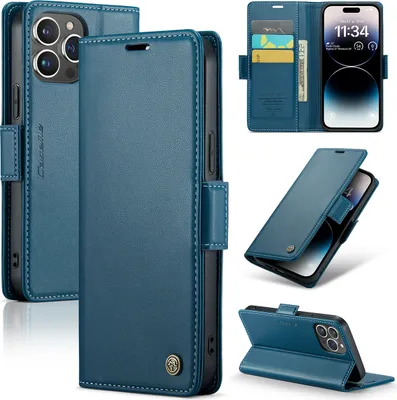 Produktbild von iPhone 14 Pro Hülle, Leder Brieftasche Kartenfach Schutzhülle mit Standfunktion für iPhone 14 Pro Blau
