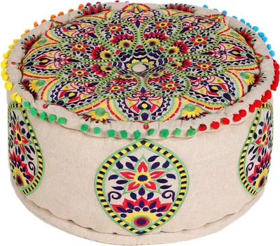 Image de Marrakech Pouf Pouf rond 50 x 25 cm avec remplissage | Pouf oriental pouf Hakika multicolore en coton brodé avec motif mandala | Pouf boho comme décoration de salon chambre à coucher