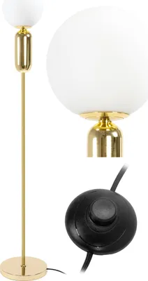 A floor lamp with a white globe shade and a gold stem, shown with a black foot switch.