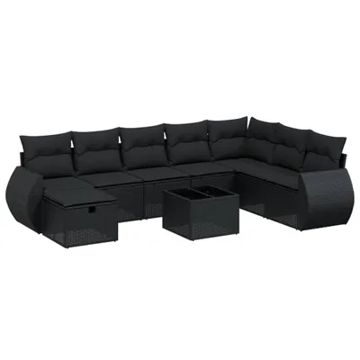 Produktbild von Garten-Lounge-Set, 9-teilig, modular, Poly Rattan, pulverbeschichteter Stahl, Hartglas, UV-beständig, Schwarz, mit abnehmbaren Kissenbezügen