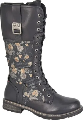 A single black boot with a floral pattern on a white background.