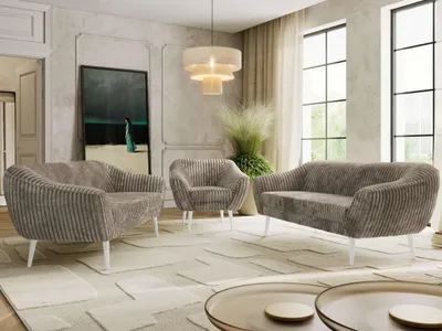 Produktbild von MKS MEBLE Couchgarnitur PIRS 3-3-1, Set mit Armlehnen, Wellenfederung, weiße Füße, Dreisitzer Sofas mit Sessel, Sitzgruppe Wohnzimmer - Hellbraun Cord