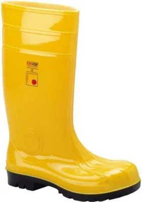 A yellow rubber boot with a black sole, shown against a white background.