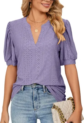 Produktbild von ASKSA Damen T-Shirt Puffärmel Aushöhlen Bluse V-Ausschnitt Sommer Kurzarm Shirts, Violett, L