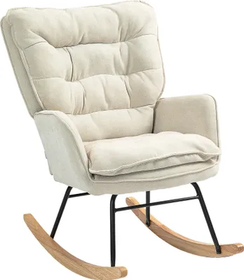 A beige rocking chair with wooden rockers and a black metal frame, shown against a white background.