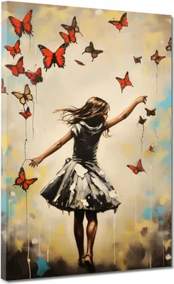 Produktbild von Mädchen mit rote Schmetterlinge Leinwandbild Wandbild Kunstdruck XL Wanddeko: 105x140x4cm