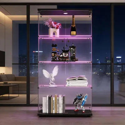 Image de Vitrine d'exposition avec porte et serrure, 4 étagères, éclairage LED, couleur noire