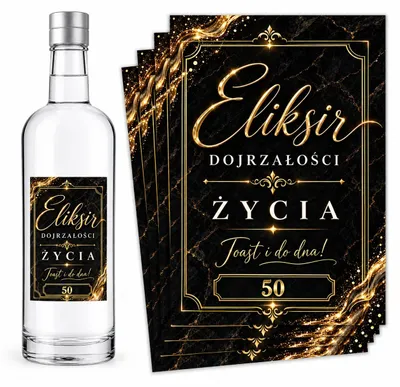 Zdjęcie produktu dla Naklejki na Wódkę 50 Urodziny Eliksir Złoty Marmur 8 szt