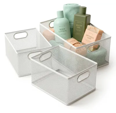 Image de Panier de rangement Relaxdays, lot de 3, 3 tailles, métal, poignées, salle de bain, chambre d'enfant, salon, panier à ustensiles, blanc